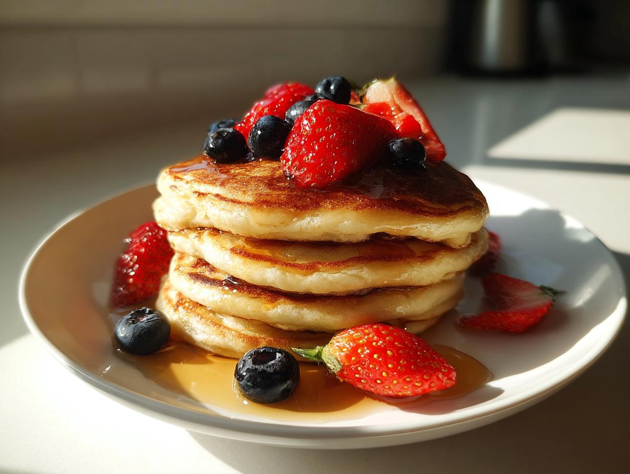 Torre de panqueques con fresas, arándanos y miel, perfecta para ideas de desayunos de navidad.