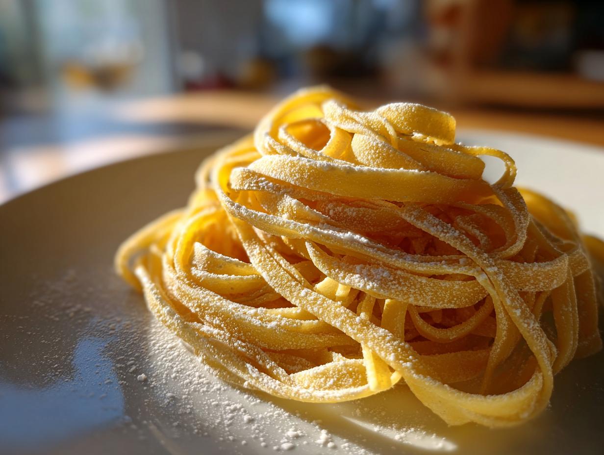 Pasta casera fresca en forma de nido espolvoreada con harina sobre un plato.