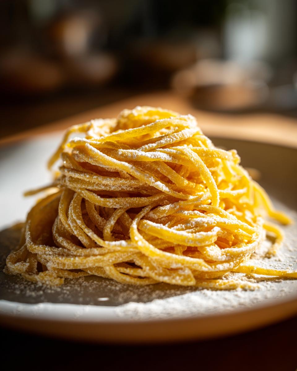 Montón de pasta casera fresca con harina sobre un plato blanco.