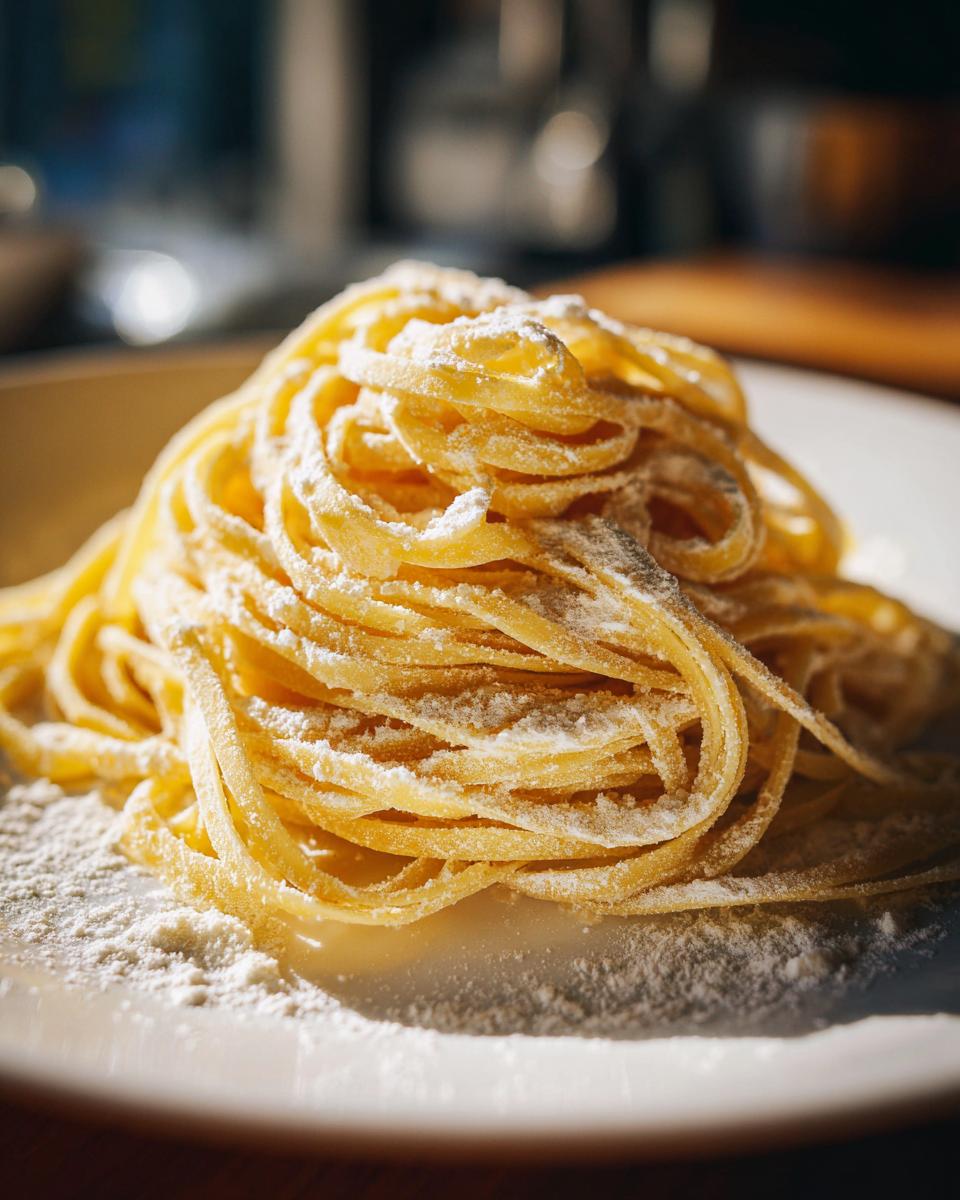 Montón de pasta casera fresca espolvoreada con harina en un plato blanco.