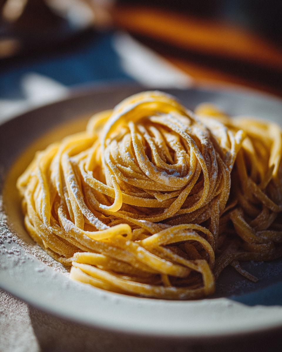Pasta fresca casera sin cocer en plato, cubierta con harina