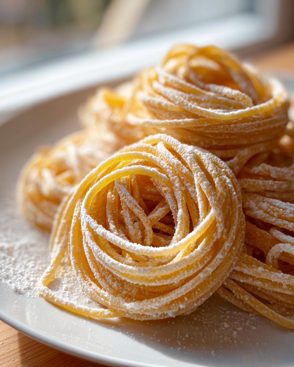 Nidos de pasta casera fresca espolvoreados con harina blanca sobre un plato.