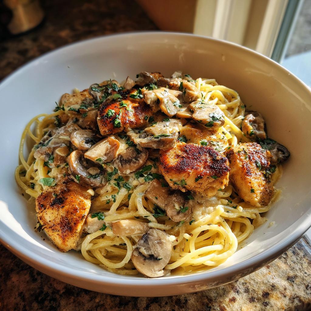 Plato de pasta con pollo dorado y champiñones en salsa cremosa con hierbas frescas