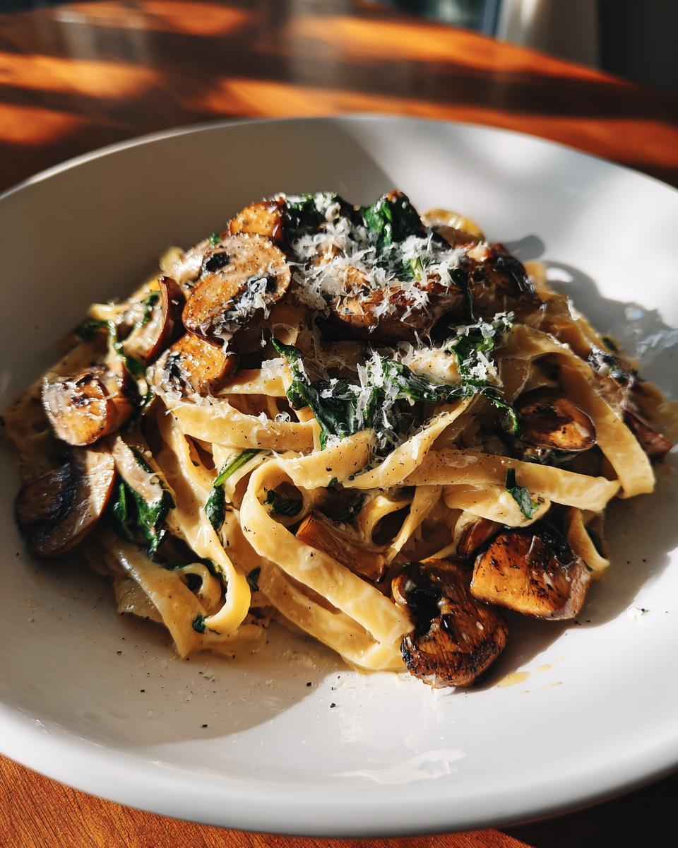 Plato de recetas de pasta cremosas con champiñones, espinacas y queso rallado.