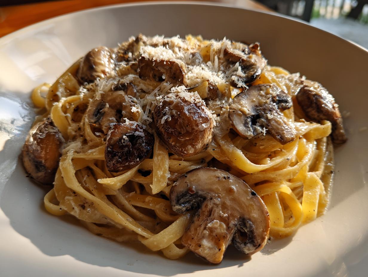 Plato de pasta cremosa con champiñones salteados y queso rallado encima