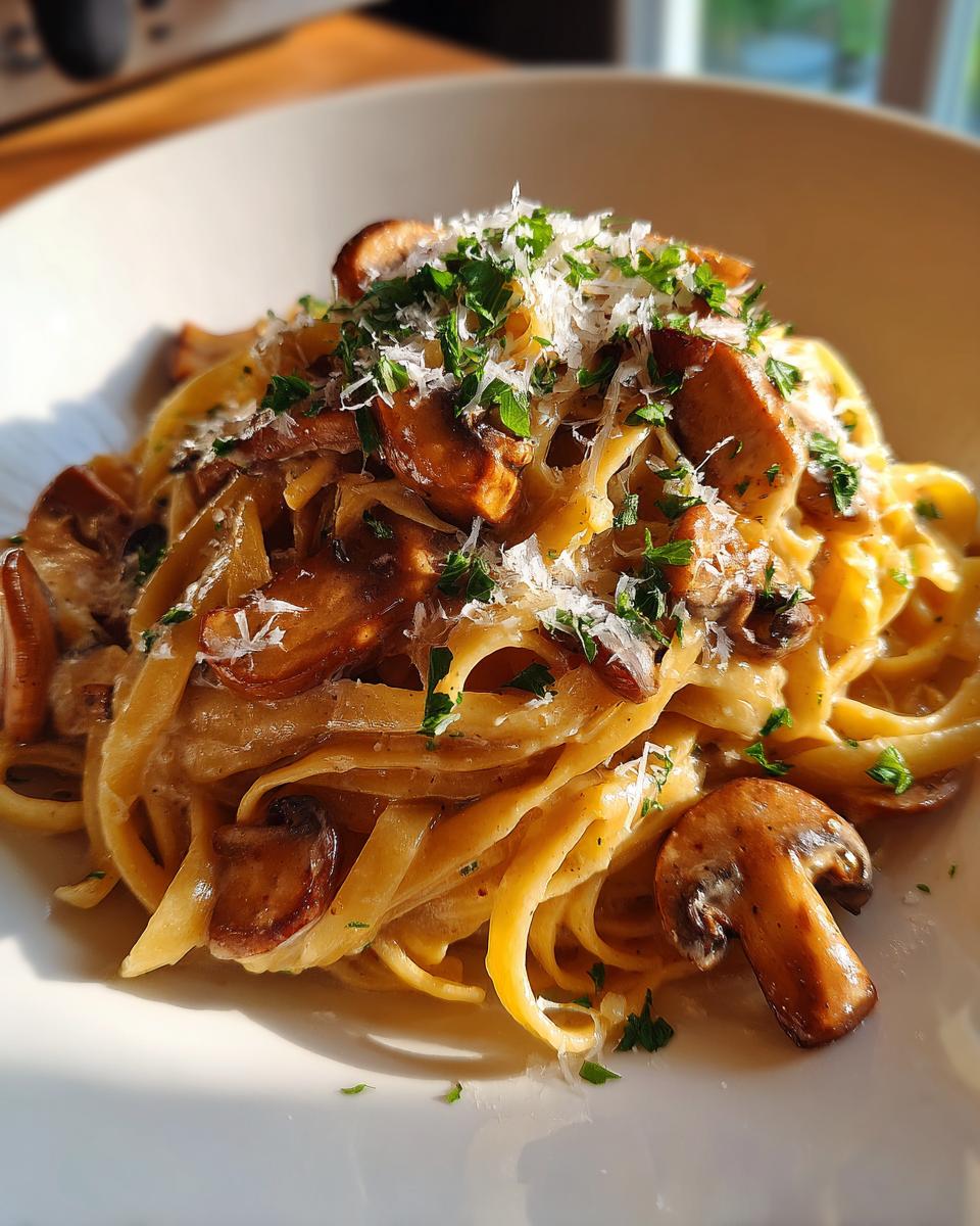 Plato de pasta cremosa con champiñones salteados y queso rallado encima