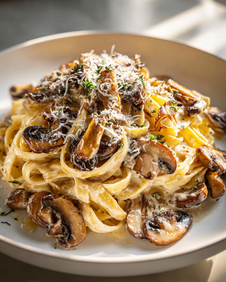Plato de pasta cremosa con champiñones salteados y queso rallado por encima