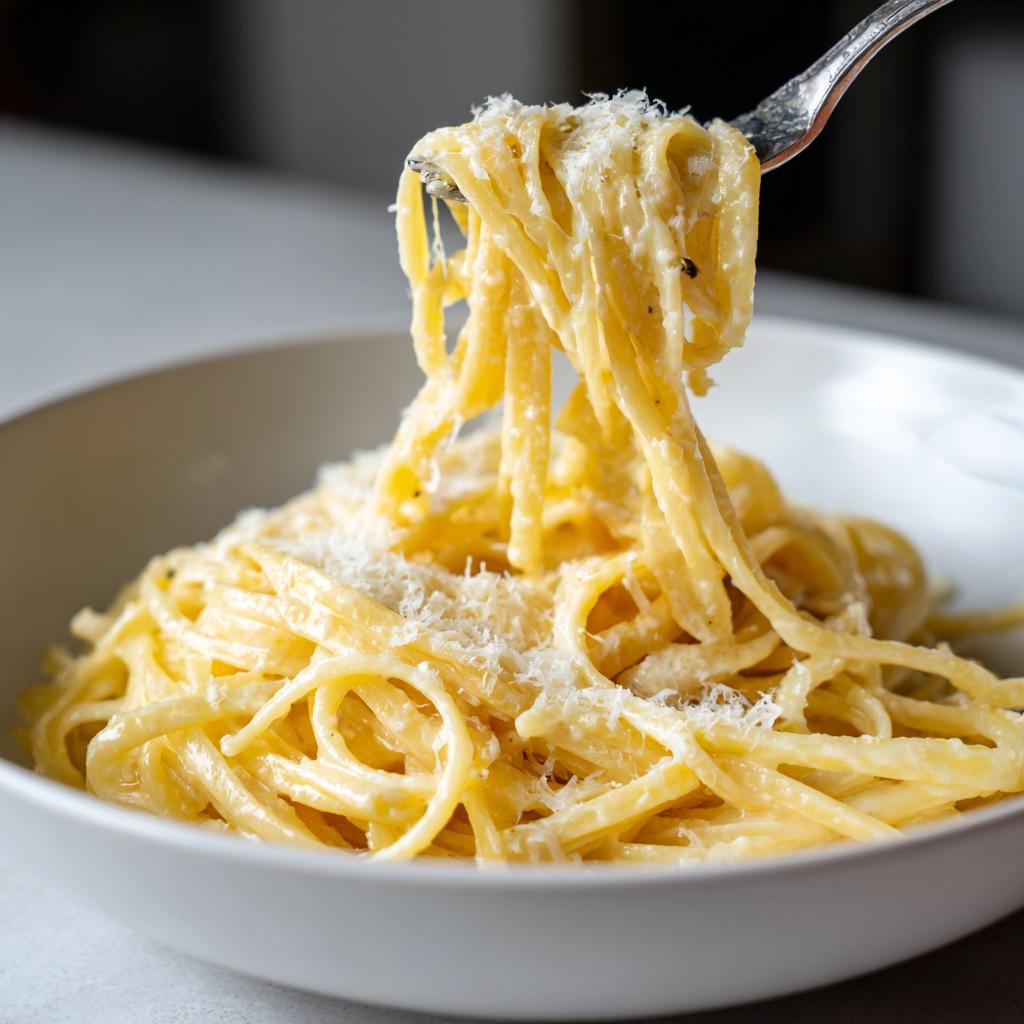 Plato de pasta cremosa con queso rallado para recetas románticas para dos.