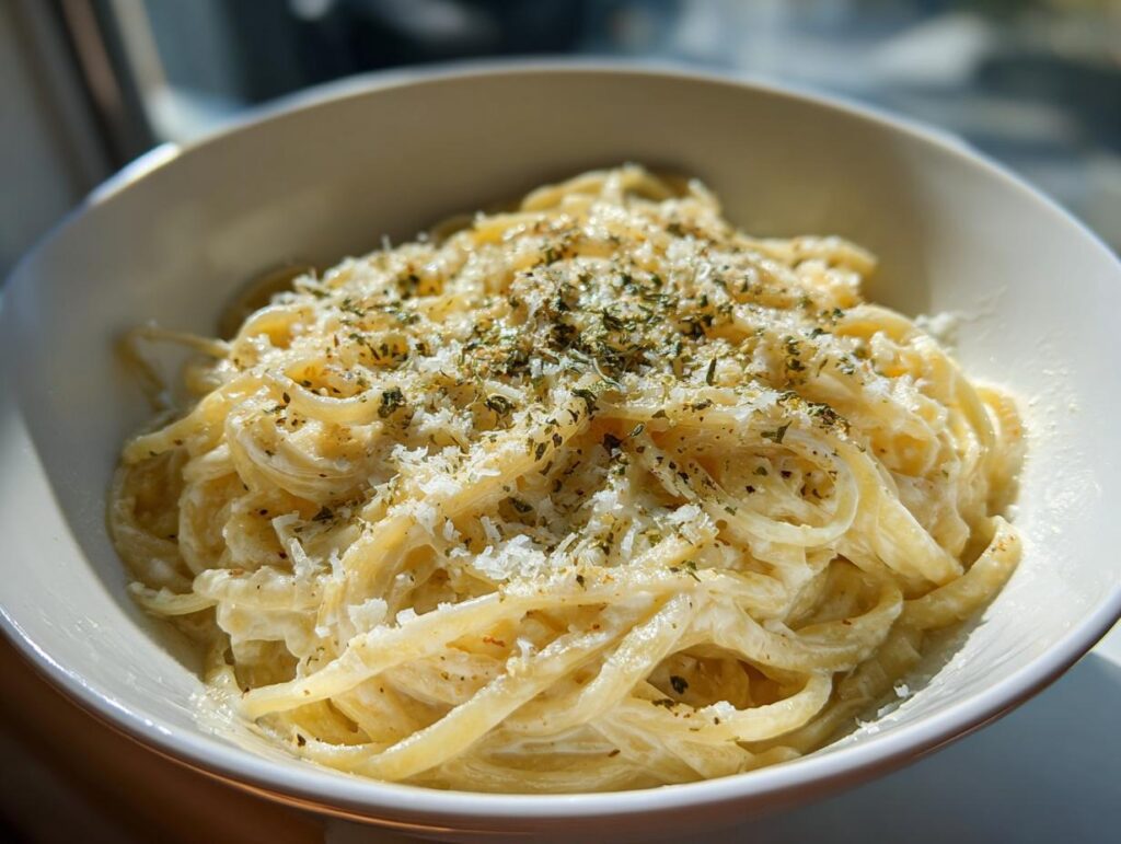 Plato blanco con pasta cremosa espolvoreada con queso y hierbas para recetas románticas para dos.