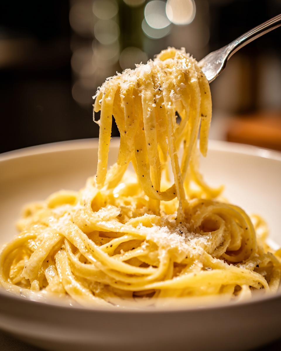 Plato de pasta cremosa con queso rallado, ideal para recetas románticas para dos.