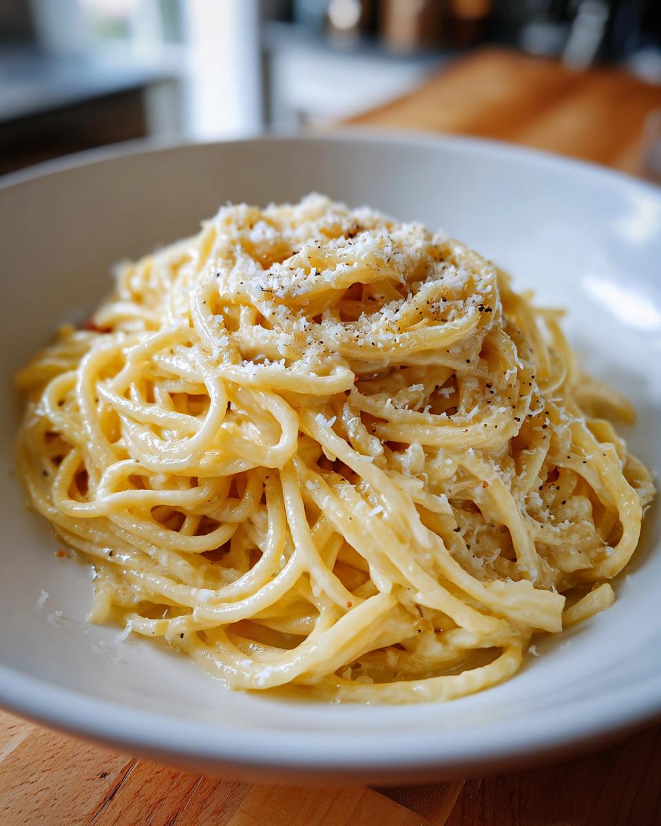 Plato de pasta cremosa espolvoreada con queso y pimienta negra, ideal para recetas románticas para dos