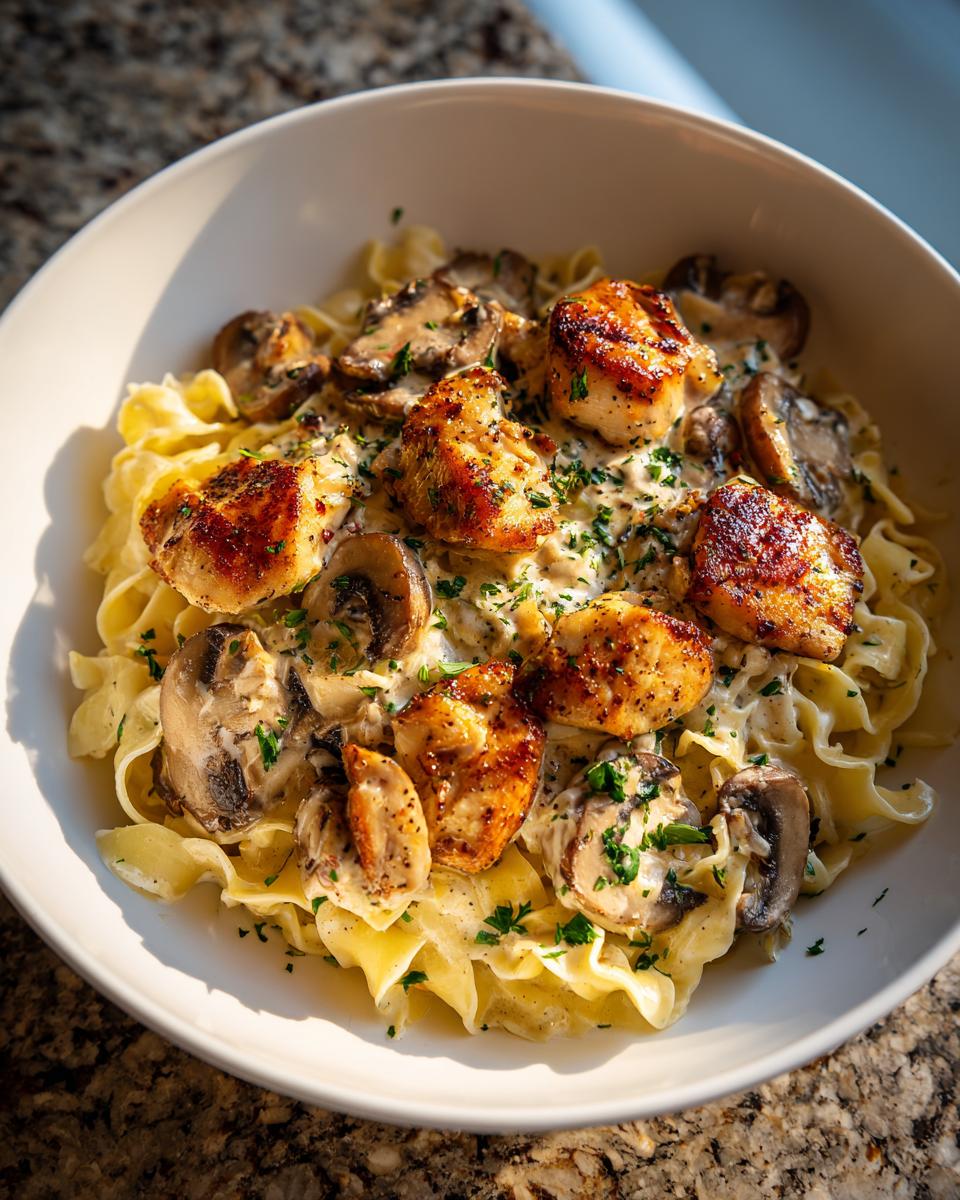 Plato de pasta con pollo y champiñones en salsa cremosa, decorado con perejil.