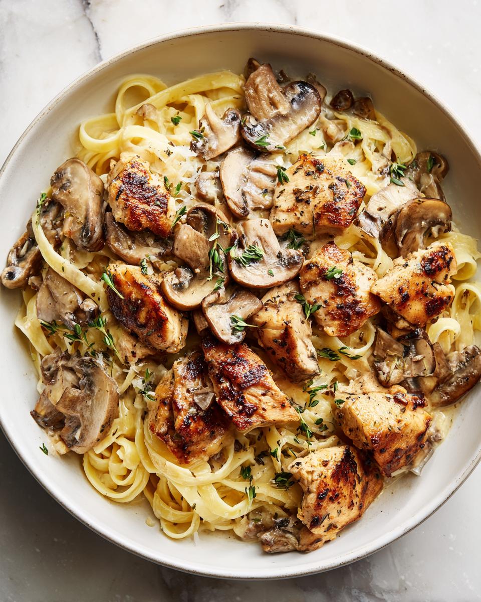 Plato de pasta con pollo y champiñones acompañado de hierbas frescas