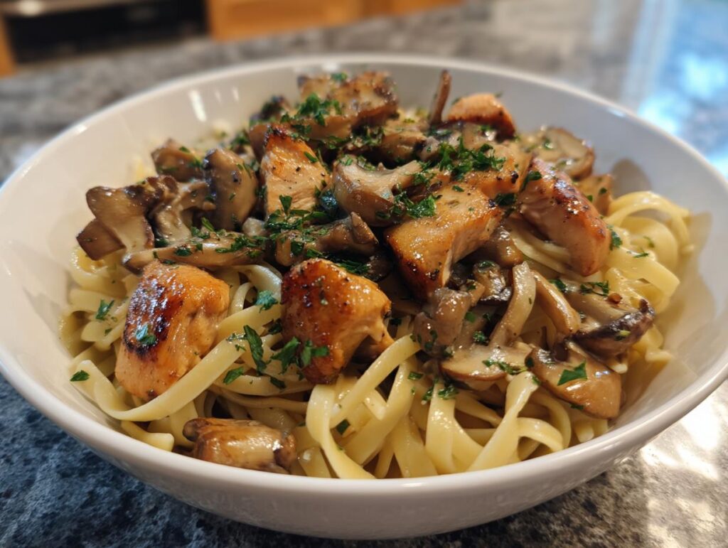 Tazón con pasta con pollo y champiñones, cubierto con perejil fresco picado