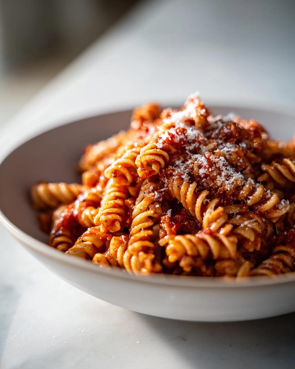 Plato de pasta con salsa de tomate y queso rallado, ideal para recetas saludables para niños
