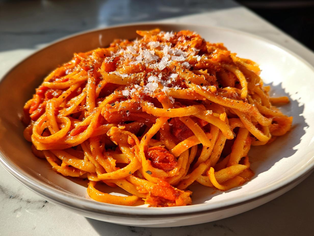 Plato blanco con pasta y salsa roja espolvoreada con queso, ideal para recetas saludables para niños