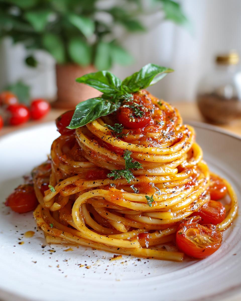 Plato de espaguetis con salsa de tomate, tomate cherry y albahaca fresca para cena romántica fácil