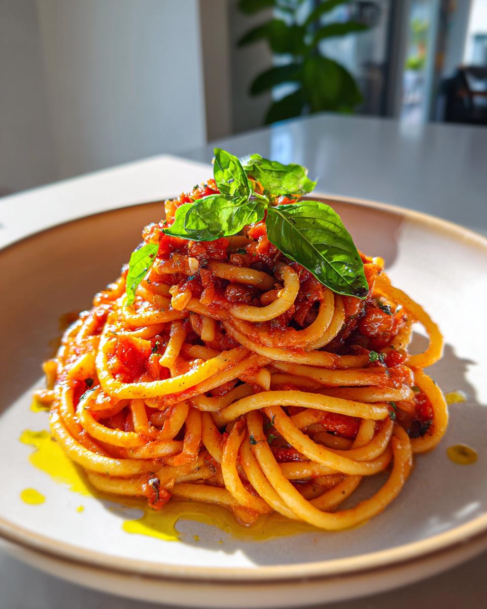 Porción de pasta con salsa de tomate y albahaca fresca, ideal para recetas para dos personas