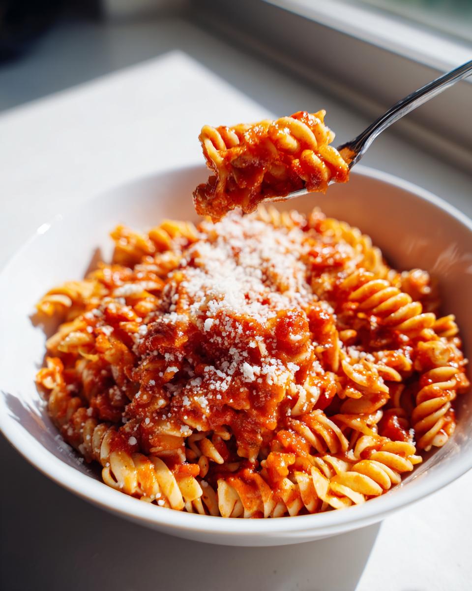 Plato de pasta con salsa de tomate y queso rallado en un bowl blanco, ideal para recetas saludables para niños