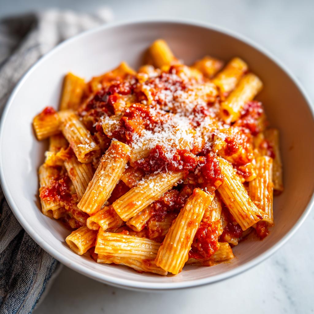 Plato de pasta con salsa de tomate y queso rallado, ideal para recetas saludables para niños.