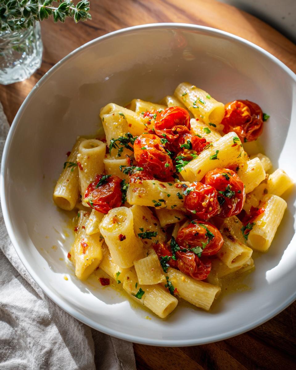 Plato blanco con pasta corta y tomate cherry asado con hierbas frescas