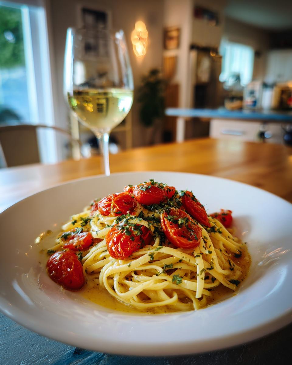 Plato de pasta con tomates cherry y hierbas junto a una copa de vino blanco