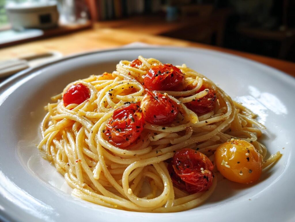 Plato de pasta con tomates cherry asados, ideal para recetas para dos personas.