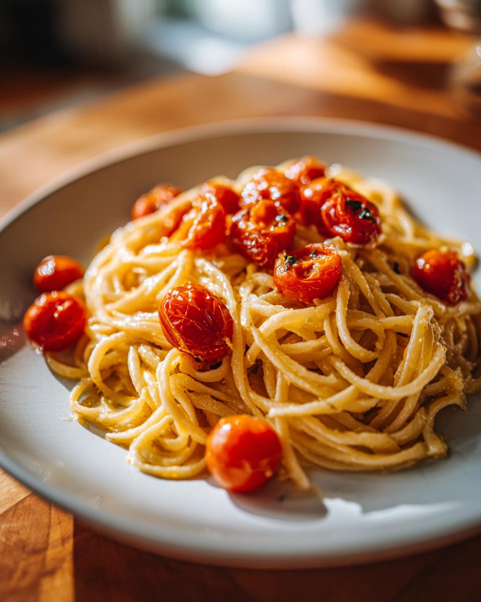 Plato de pasta con tomates cherry asados en un plato blanco, ideal para recetas para dos personas.