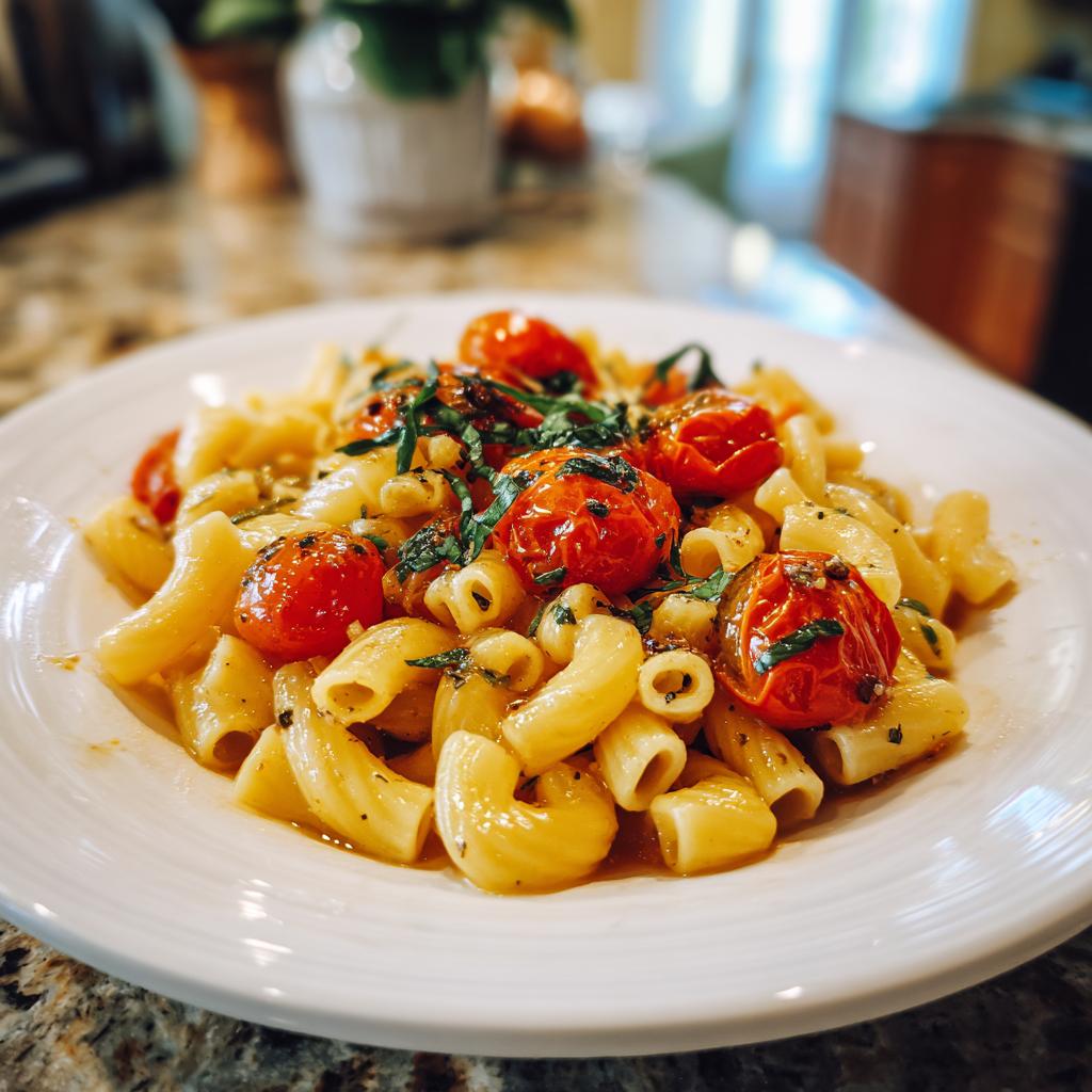 Plato de pasta con tomates cherry asados y hierbas frescas en un plato blanco.