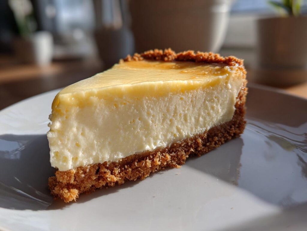 Porción de pastel con base crujiente y relleno cremoso, ideal para postres para san valentín.