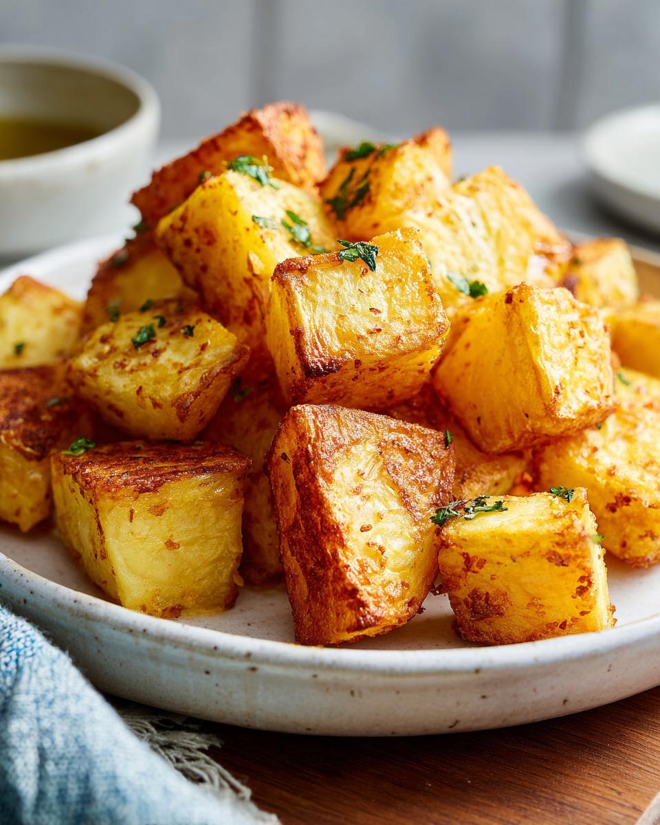 Cubos grandes de patatas doradas y crujientes con perejil en plato blanco, receta con patatas fáciles