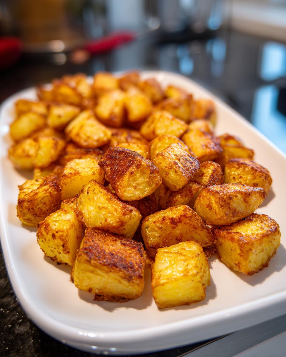 Plato blanco con patatas doradas al horno, crujientes y bien sazonadas
