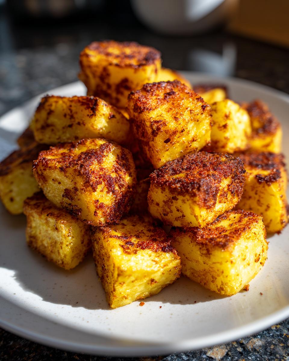Cubos de patatas especiadas y doradas servidas en un plato beige.