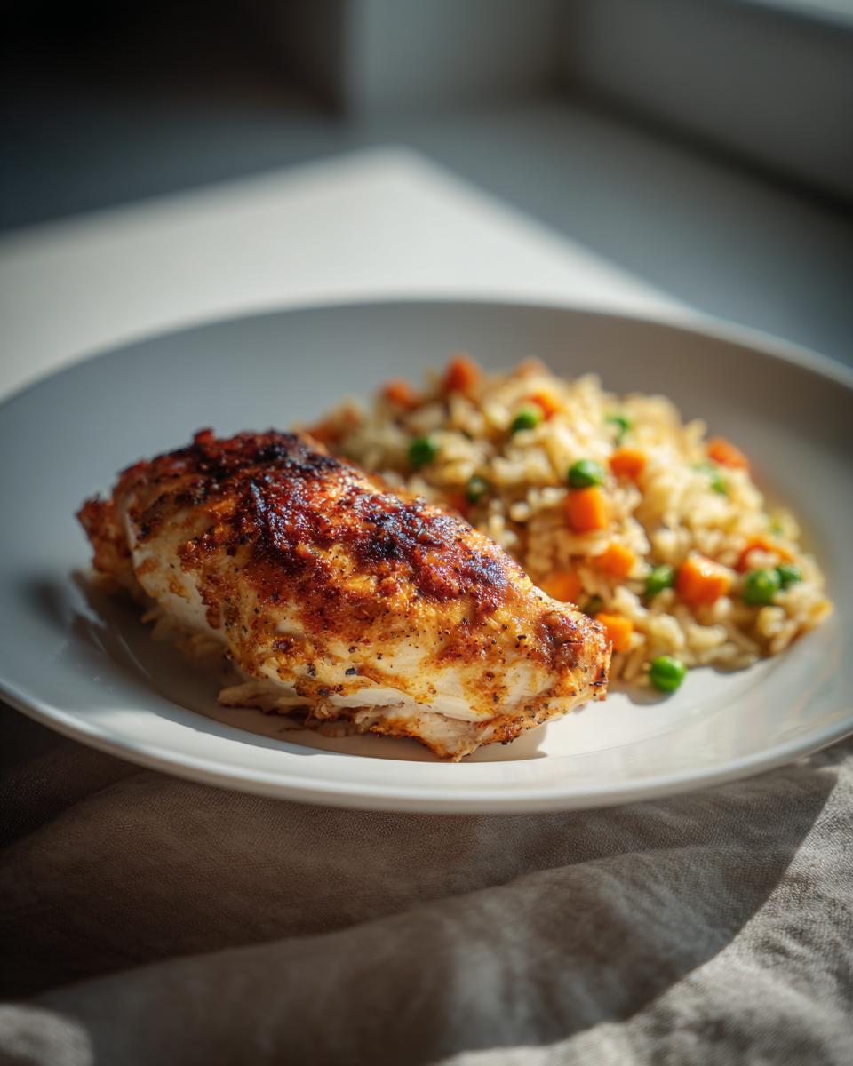 Pechuga de pollo especiada y dorada acompañada de arroz con guisantes y zanahorias en un plato blanco.