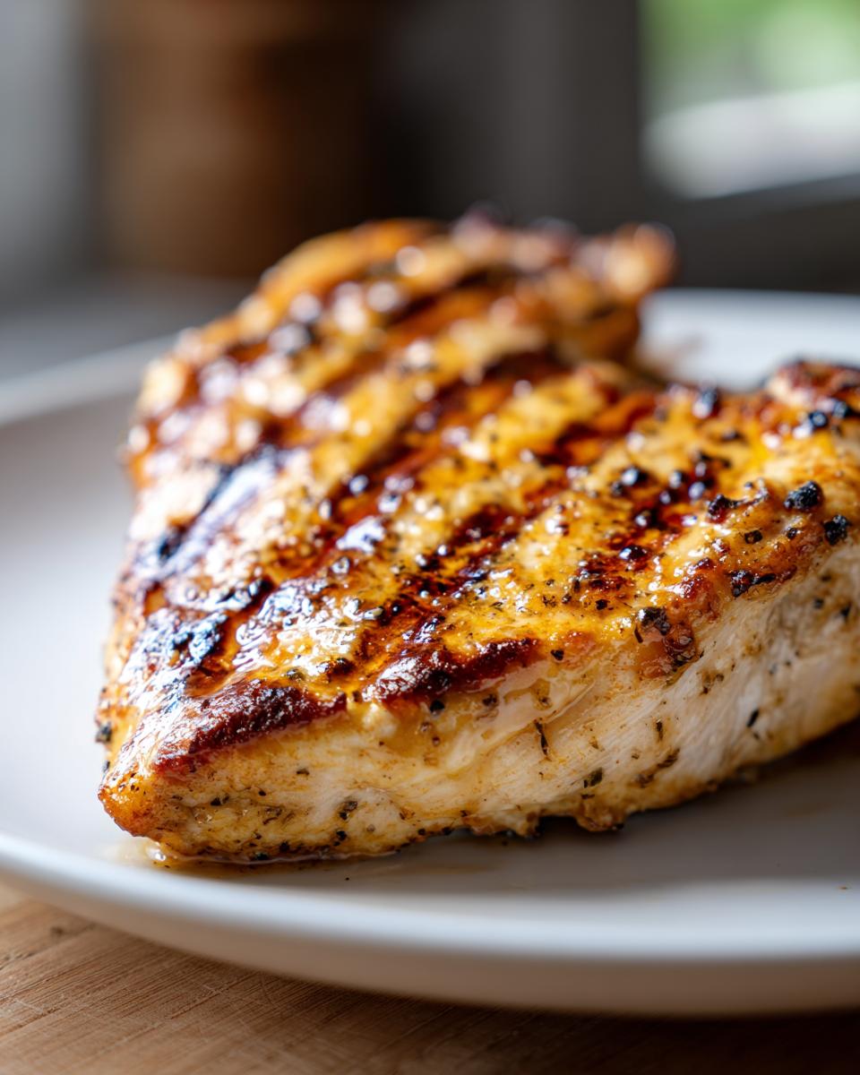 Pechuga de pollo a la plancha jugosa con marcas de la parrilla sobre un plato blanco