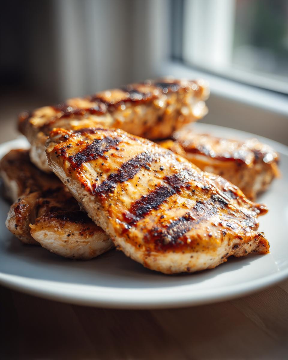 Pechugas de pollo a la plancha con marcas de parrilla y especias en un plato blanco.