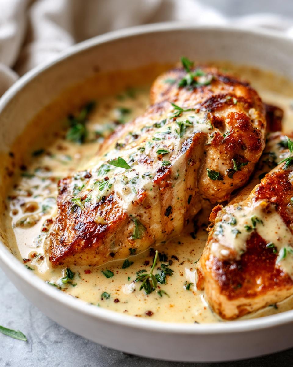 Pechugas de pollo doradas en salsa cremoso con hierbas frescas en un plato