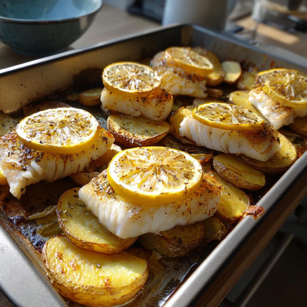 Pescado al horno con patatas y rodajas de limón en bandeja de hornear
