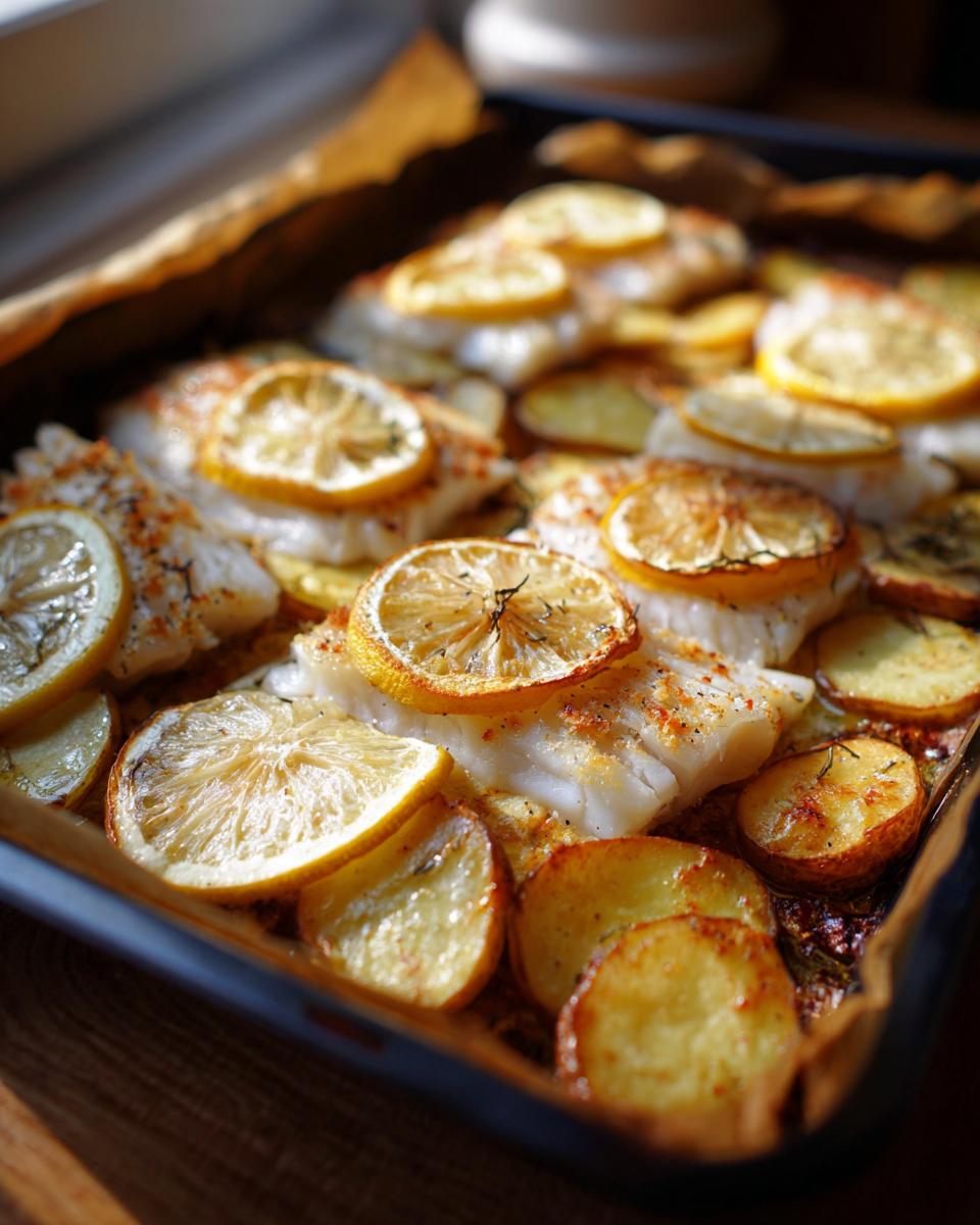 Filetes de pescado al horno con patatas y rodajas de limón doradas