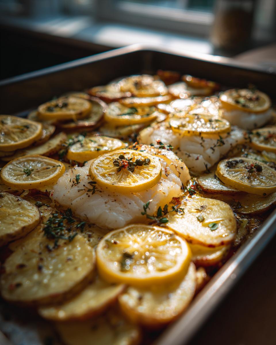 Pescado al horno con patatas y rodajas de limón en bandeja de horno con hierbas