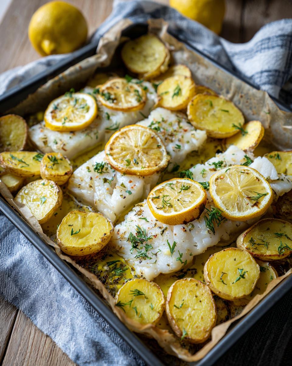 Pescado al horno con patatas y rodajas de limón decorado con hierbas frescas en bandeja.