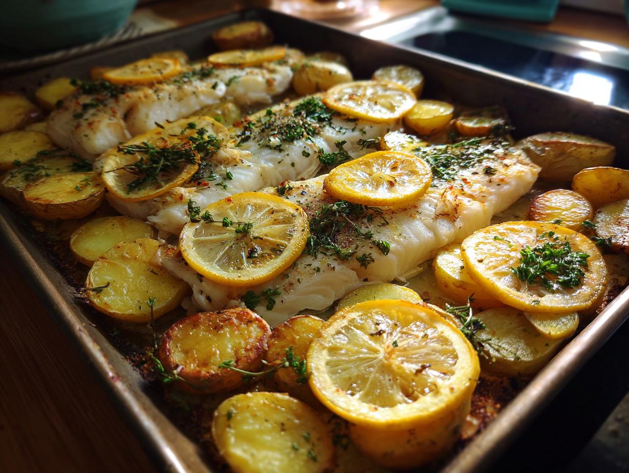 Pescado al horno con patatas doradas y rodajas de limón decoradas con hierbas frescas en bandeja