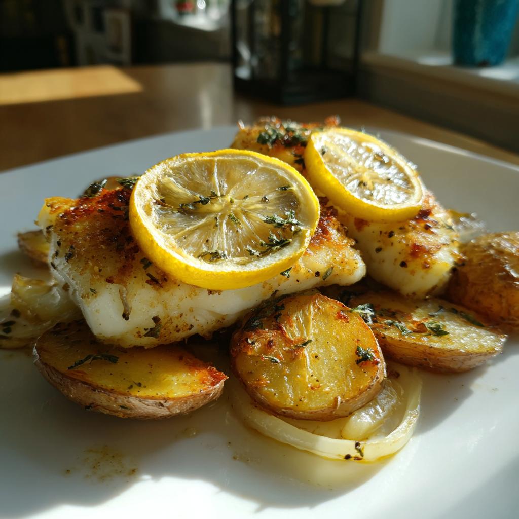 Plato de pescado al horno con rodajas de limón y papas doradas, decorado con hierbas.
