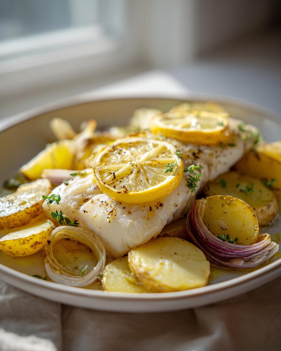 Filete de pescado al horno con rodajas de limón, papas y cebolla en plato blanco.