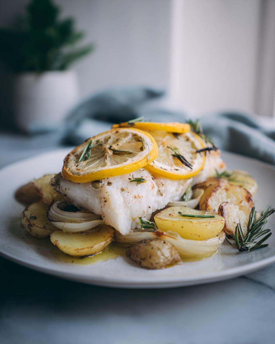 Filete de pescado al horno con rodajas de limón y papas asadas en plato blanco