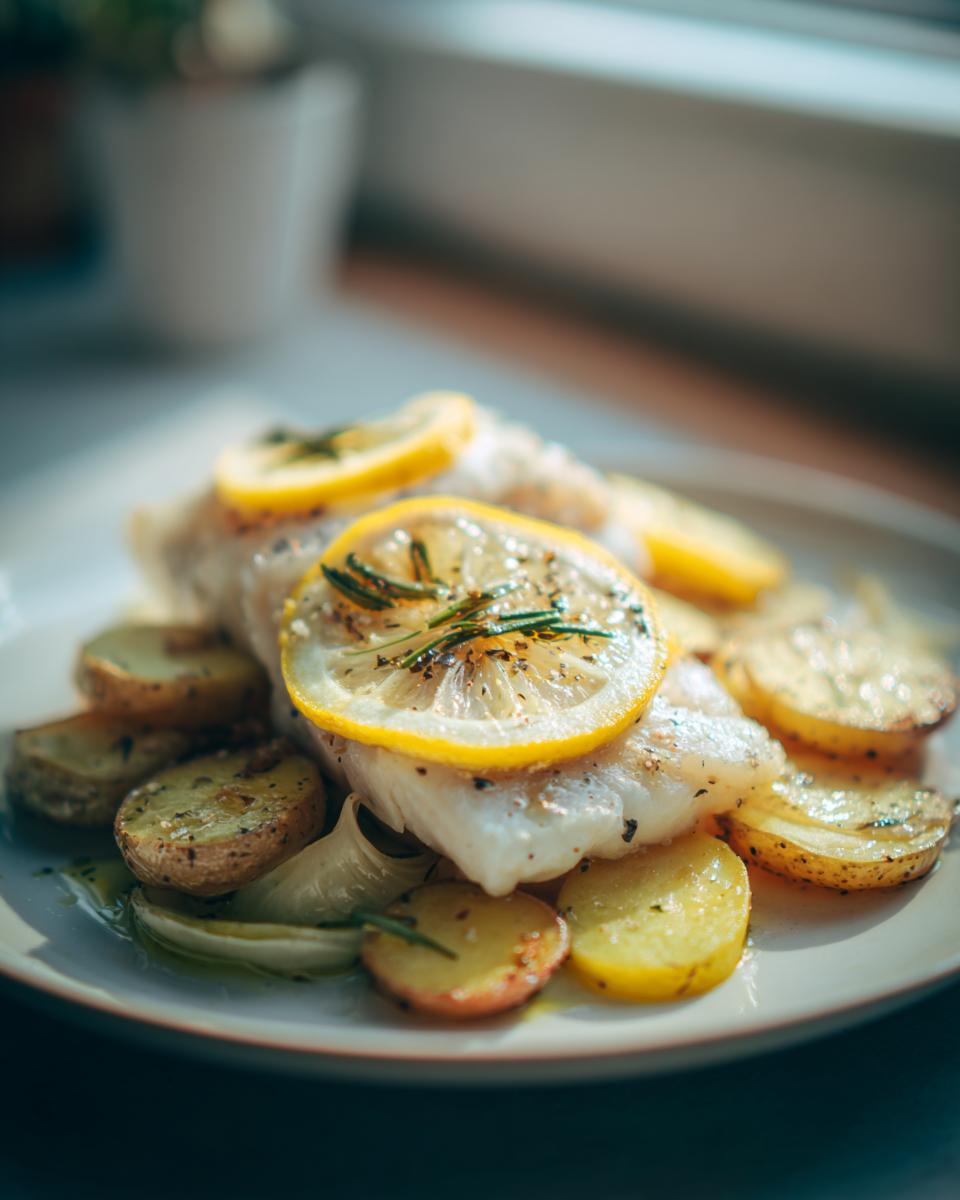 Plato con pescado al horno decorado con rodajas de limón y papas asadas.