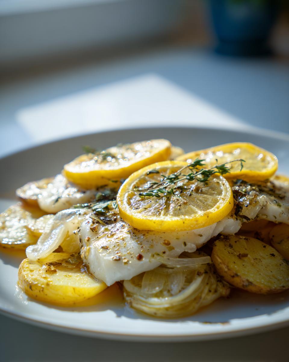 Pescado al horno con rodajas de limón, papas y cebolla en un plato blanco