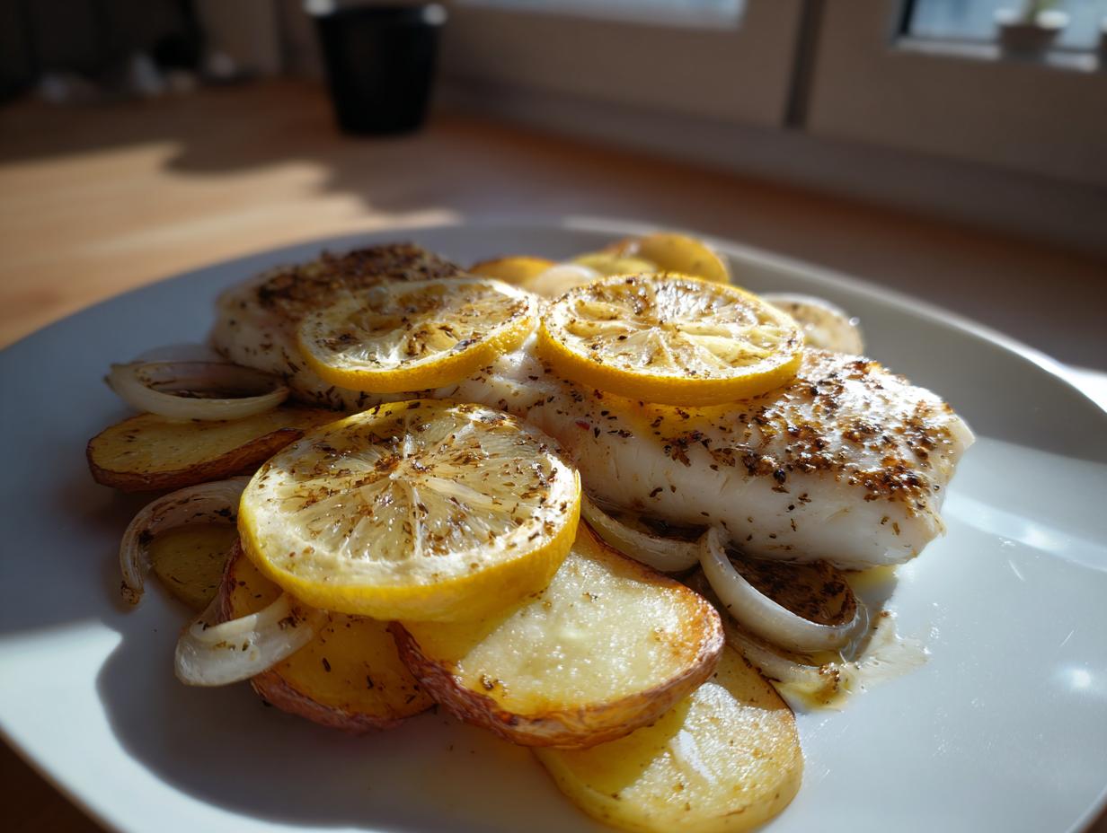 Pescado al horno con rodajas de limón y papas cocidas en un plato blanco.