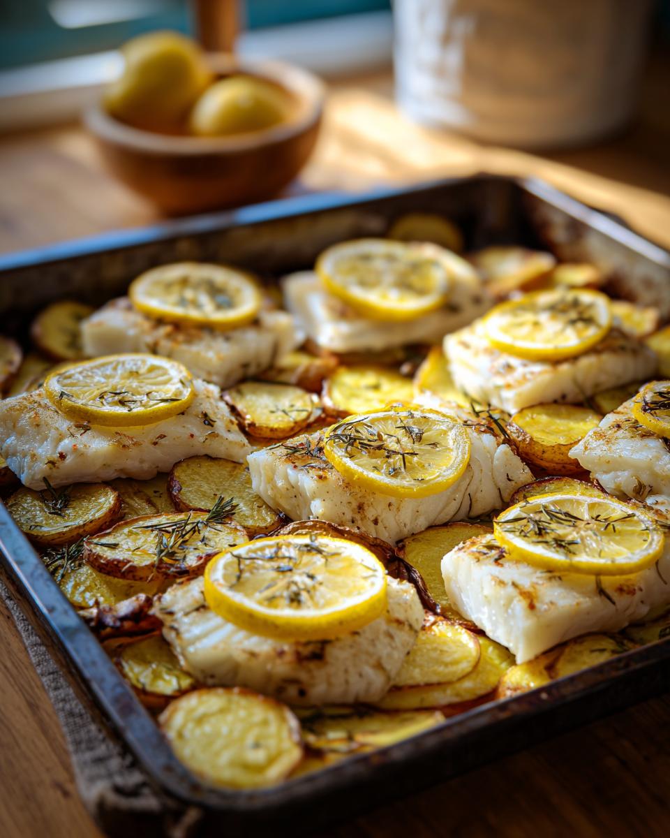 Filetes de pescado al horno con patatas en rodajas y rodajas de limón encima