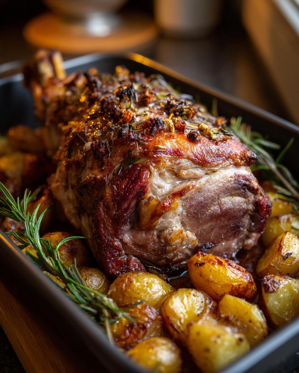 Pierna de cerdo asada con especias y papas doradas en bandeja para ideas de menú navideño fácil.